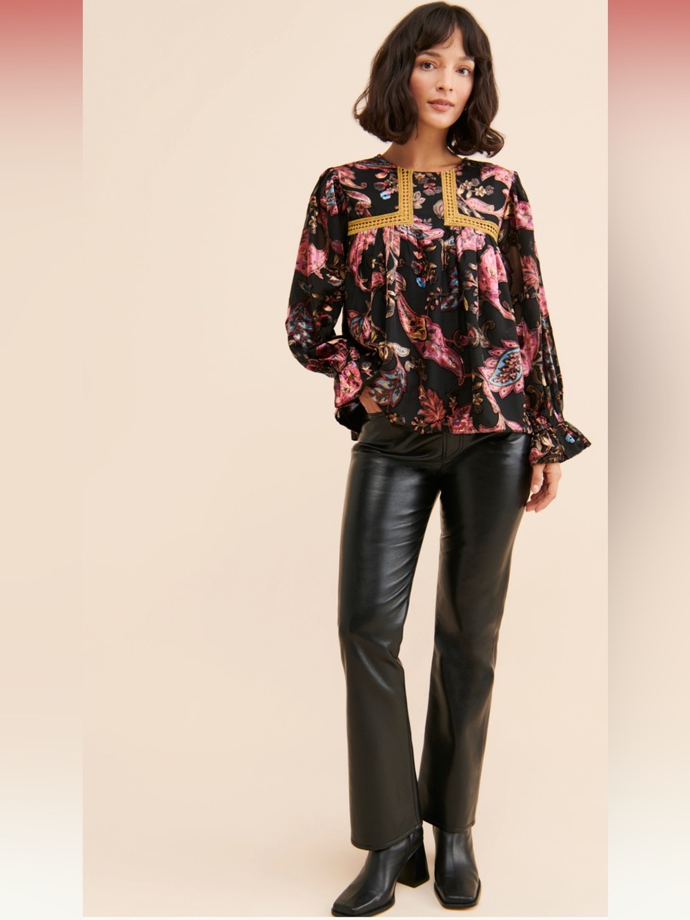 LET ME BE Velcra Black Floral Boho Blouse with Gold Trim NWOT Size XS